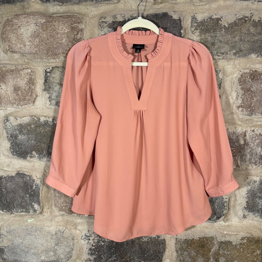Worthington Petite PS Peach Ruffle Trim V Neck 3/4‎ Sleeve Blouse Top Office